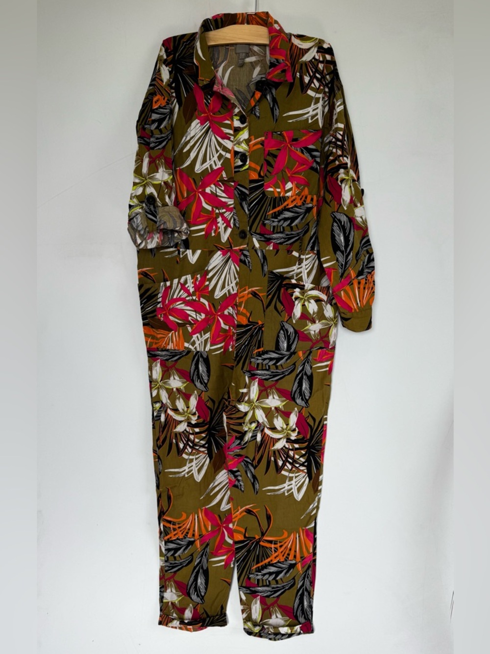 ASOS Olive & Pink Tropical Print Half Button-Up Jumpsuit Size 10
